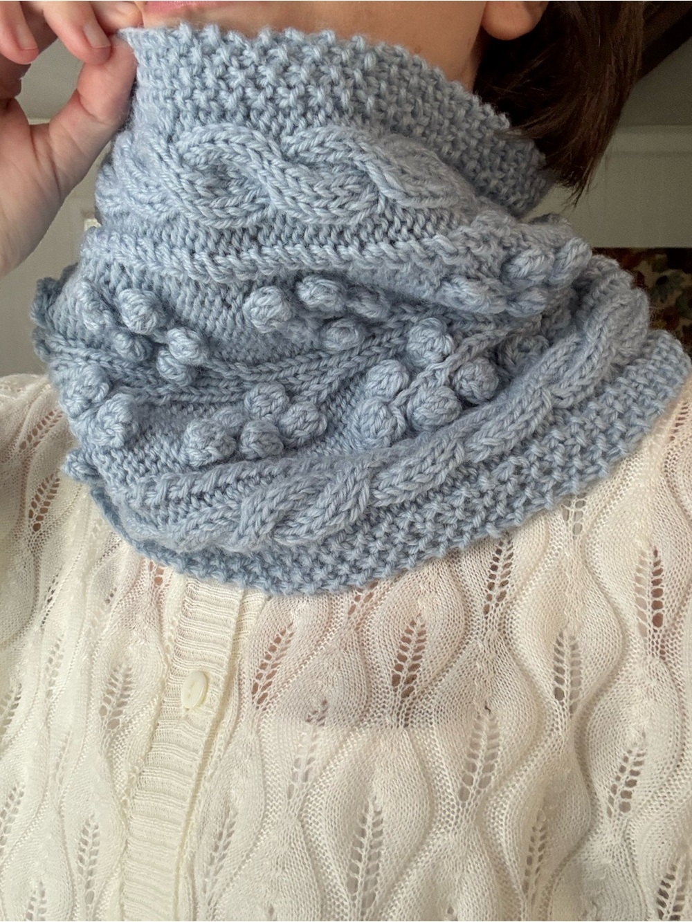 Artisan Hand-Knit all natural wool flower vine cabled cowl cornflower blue